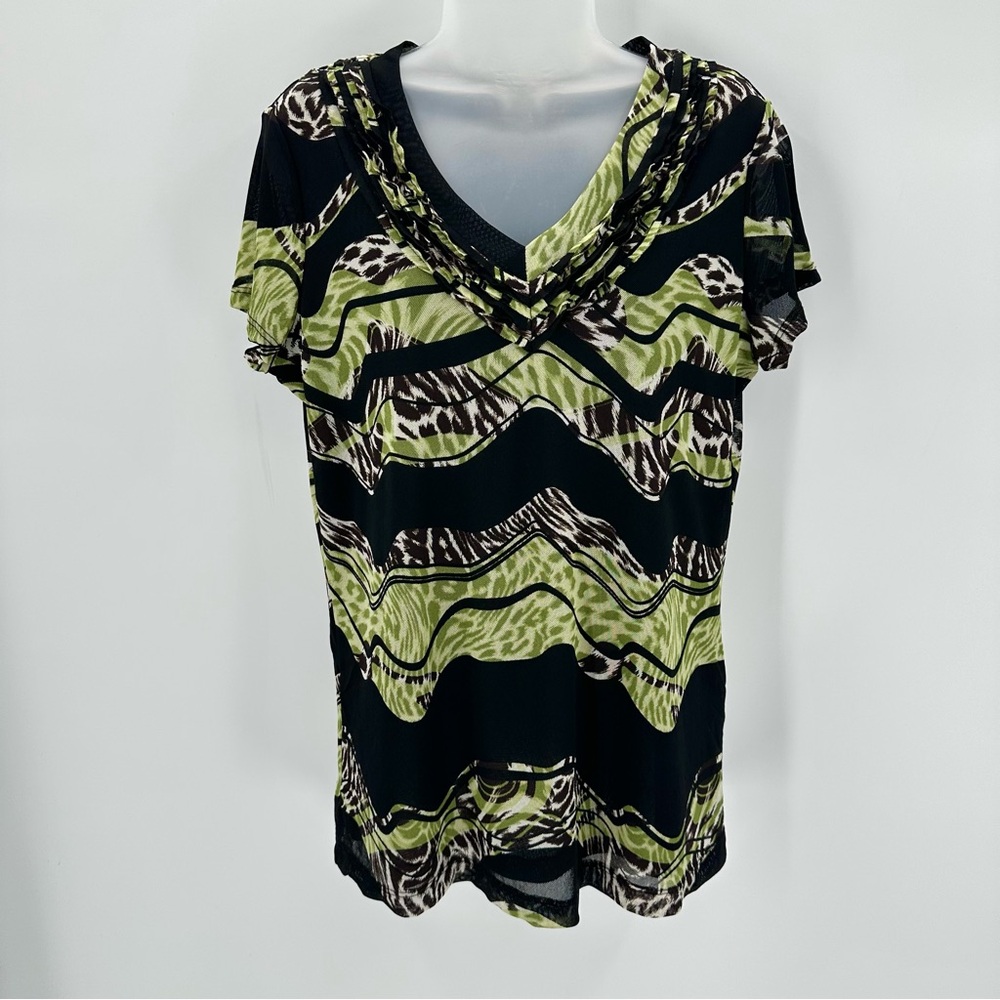 Dana Buchman Top Womens L Black Layered Mesh Short Sleeve Animal Print Career